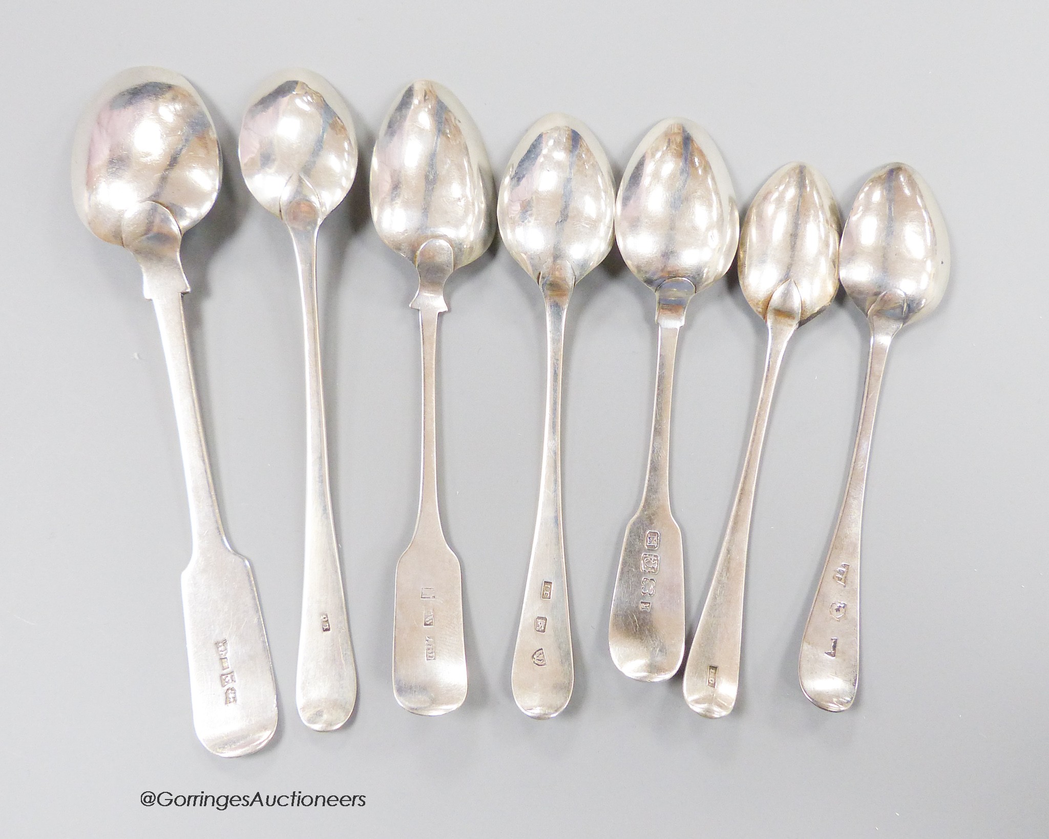 Seven assorted 18th & 19th century Scottish provincial silver Aberdeen teaspoons, (James Erskine(2), James Gordon(2), James Begg?, ?F and William Whitecross), longest 15.9cm, 109 grams.